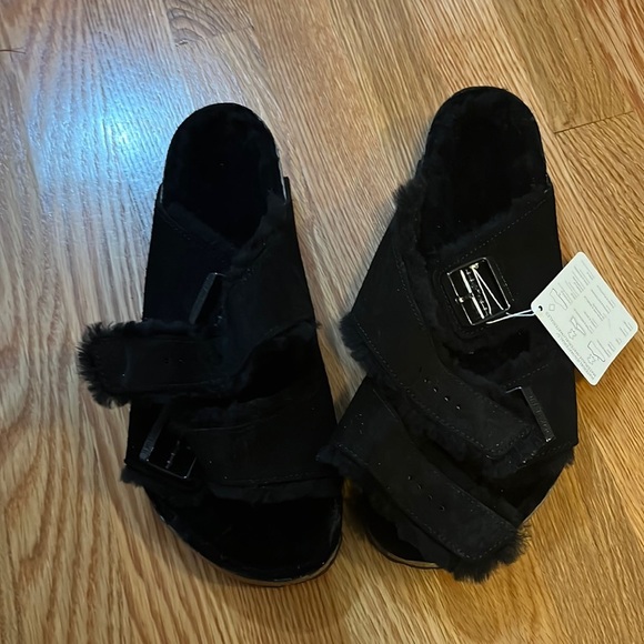 NWT Birkenstock Arizona Shearling Suede Leather Mountain View Black 11 - Picture 5 of 16